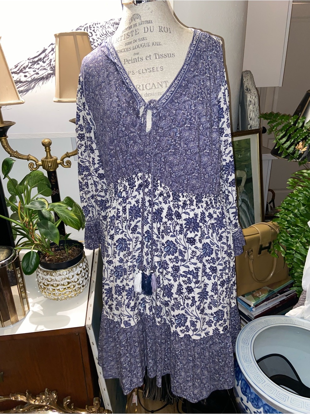 Boho Floral Tiered Long-Sleeve Dress in Blue and White